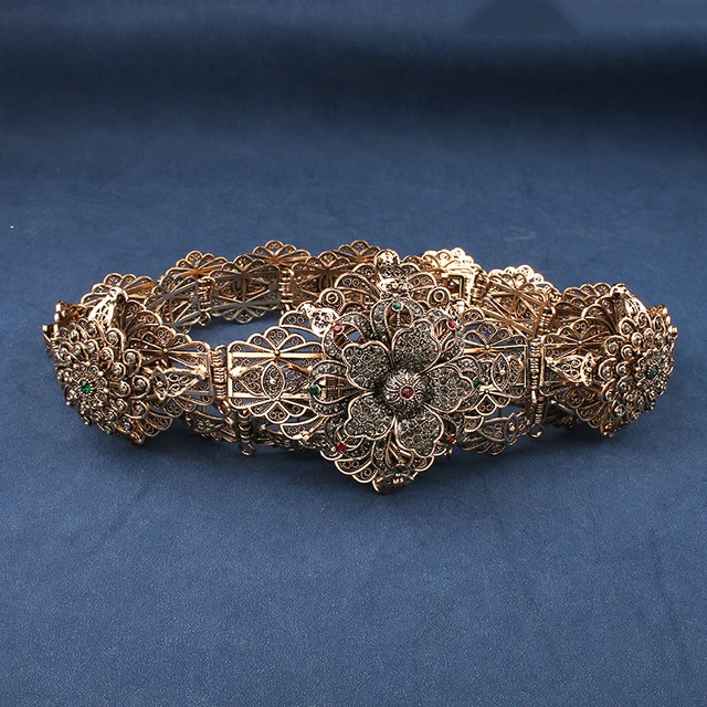 Embrace Enchantment: Moroccan Crystal Gold Flower Waist Chain Belt